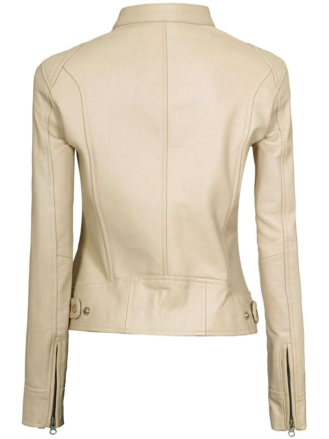 Dodge Women's Beige Leather Cafe Racer Motorcycle Jacket decrumnew