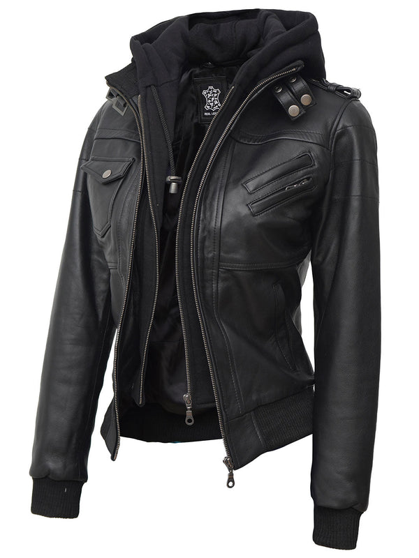 Edinburgh Women's Black Hooded Leather Jacket