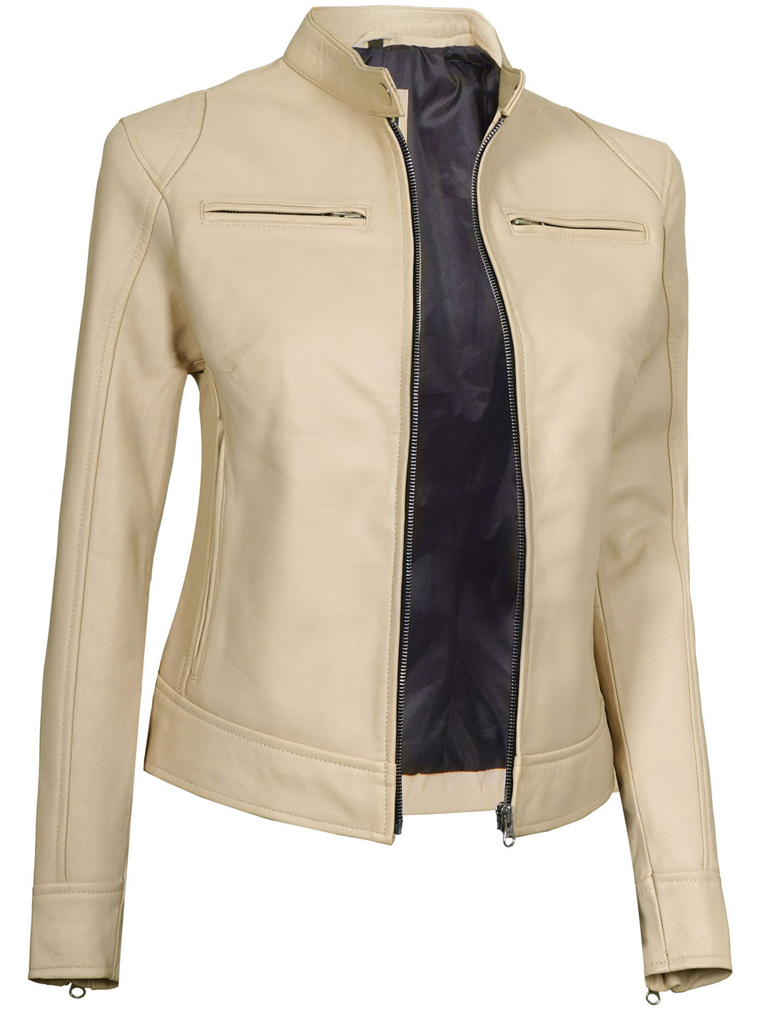 Dodge Women's Beige Leather Cafe Racer Motorcycle Jacket decrumnew