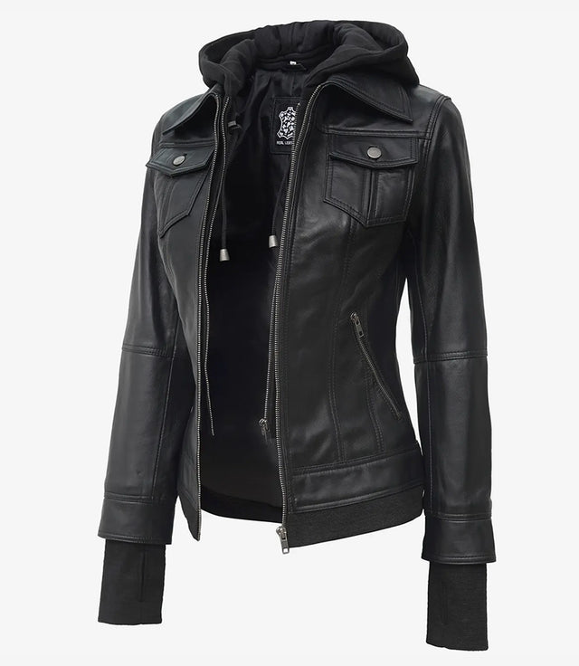 Women's black leather bomber jacket with removable hood