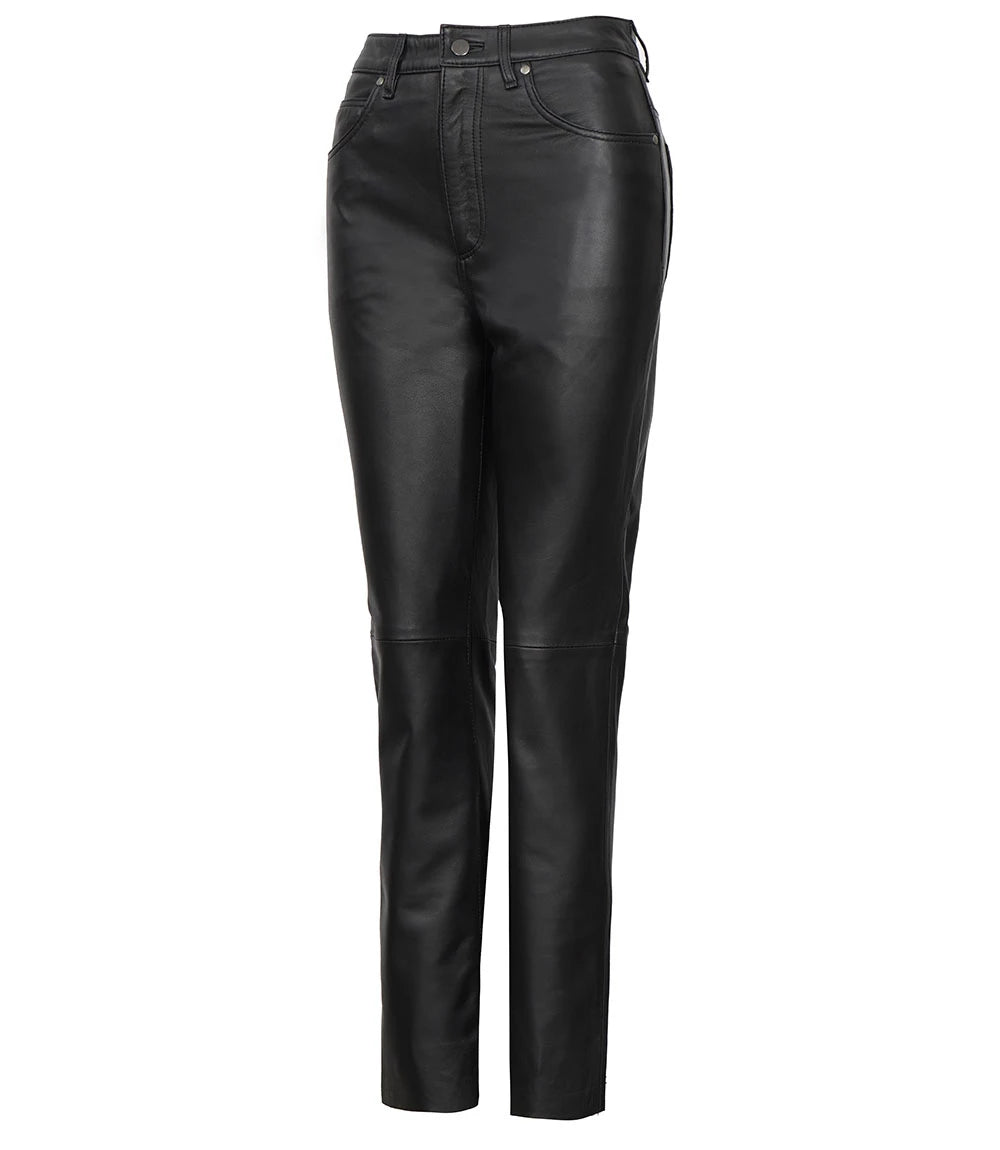 Women's Black High-Waisted Straight-Leg Leather Pants