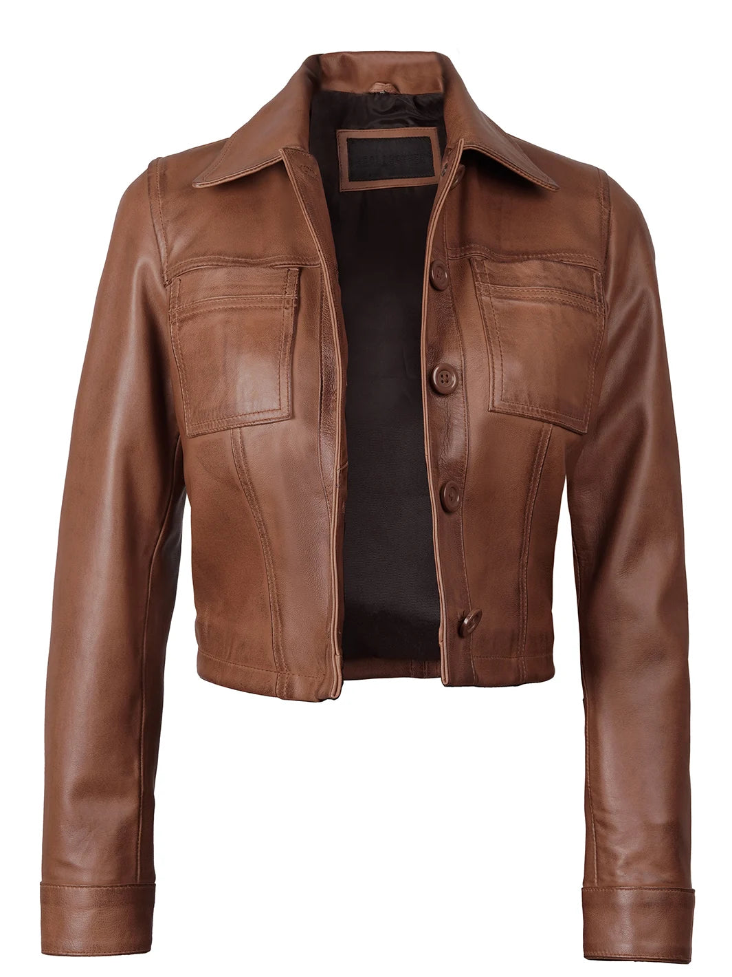 Womens Brown Cropped Shirt Collar Leather Jacket