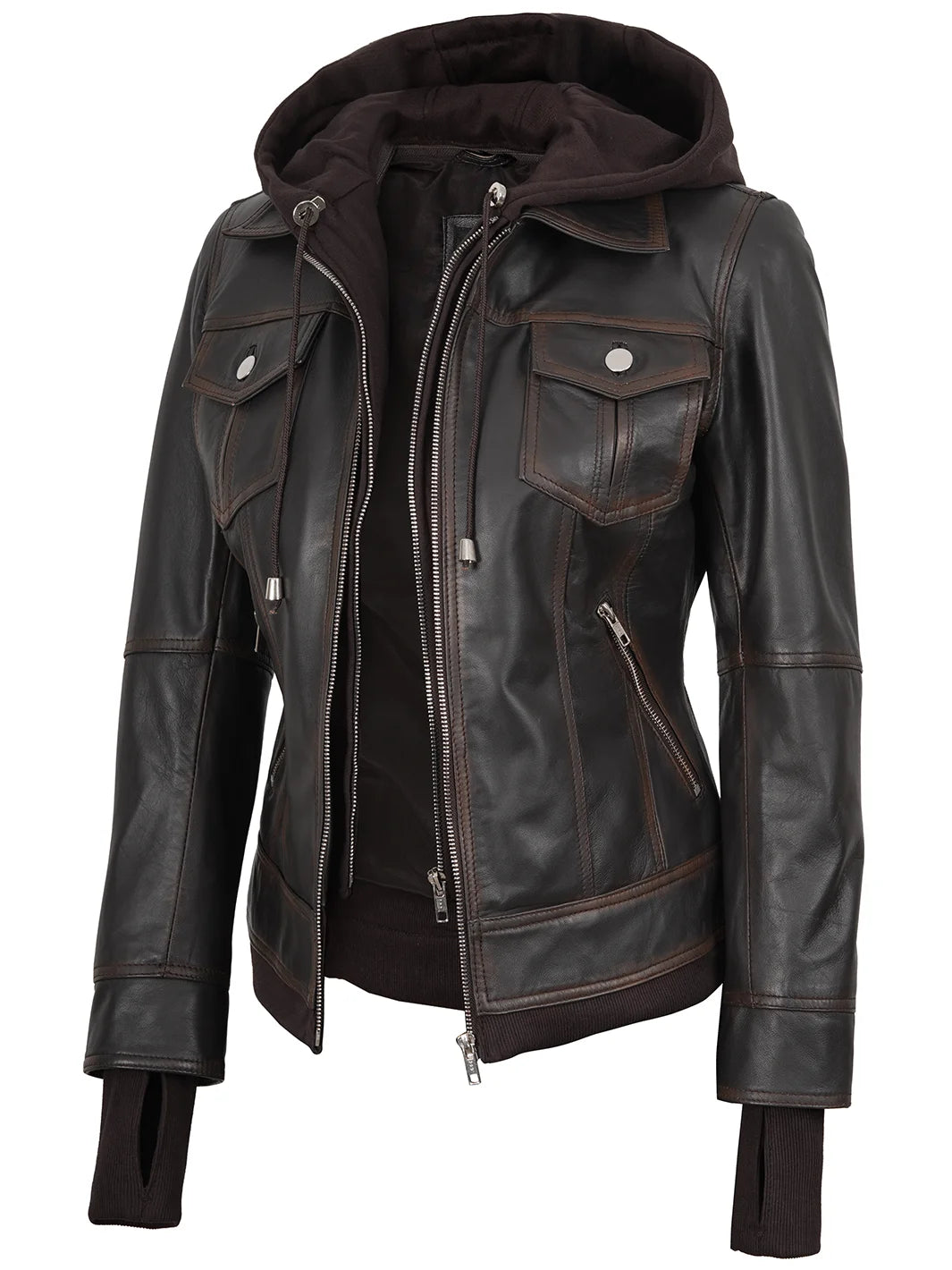 Womens Brown Leather Jacket With Hood