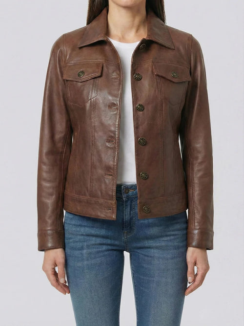 Womens Cognac Brown Leather Trucker Jacket