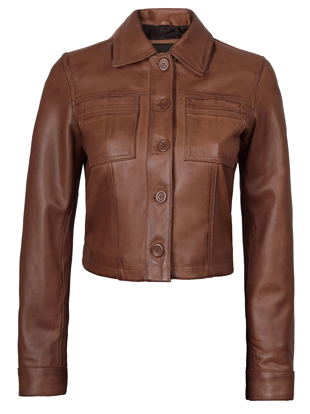 Womens Cropped Shirt Collar Brown Leather Jacket