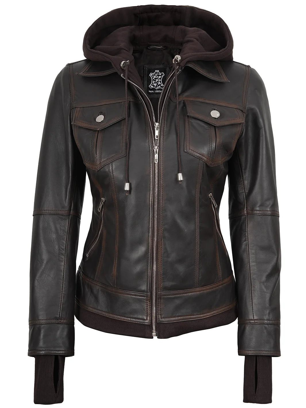 Womens Leather Jacket Brown With Removable Hood