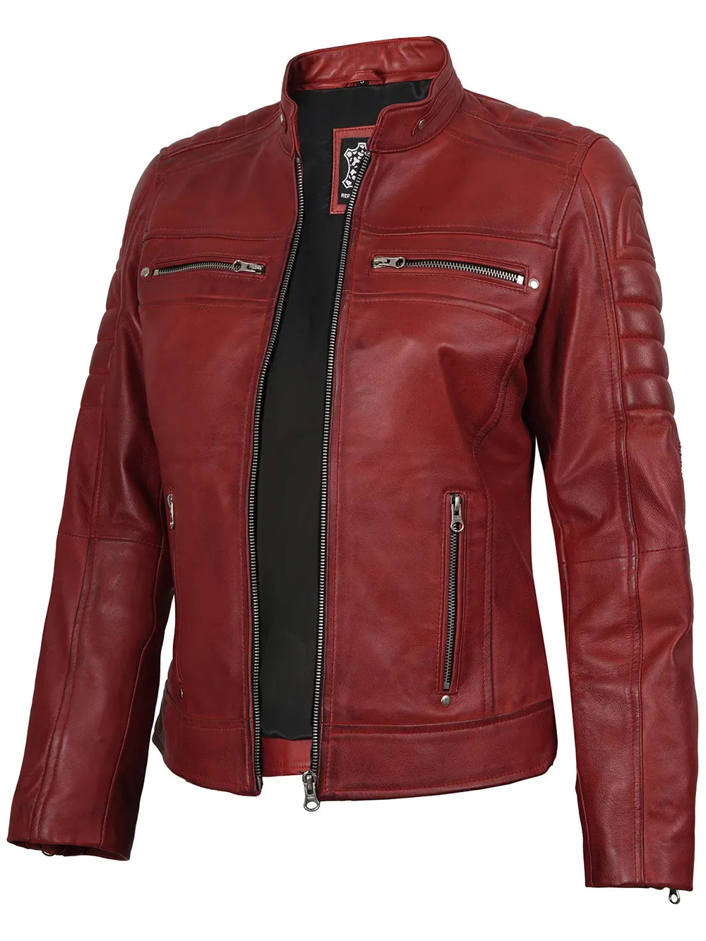 Decrum Austin Womens Red Cafe Racer Style Leather Jacket