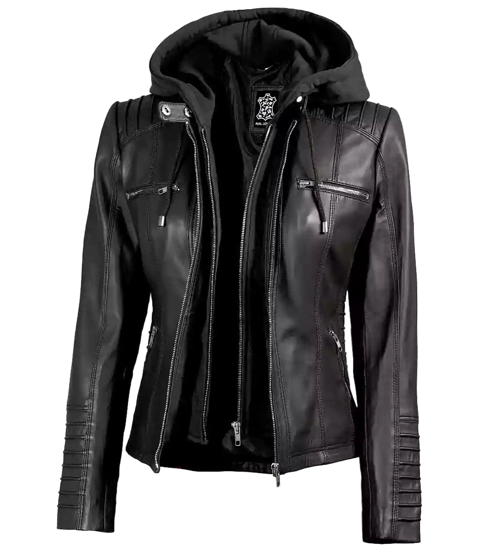 Edinburgh Women s Black Bomber Leather Jacket With Removable Hood Decrum edinburgh-women-s-black-bomber-leather-jacket-with-removable-hood-decrum