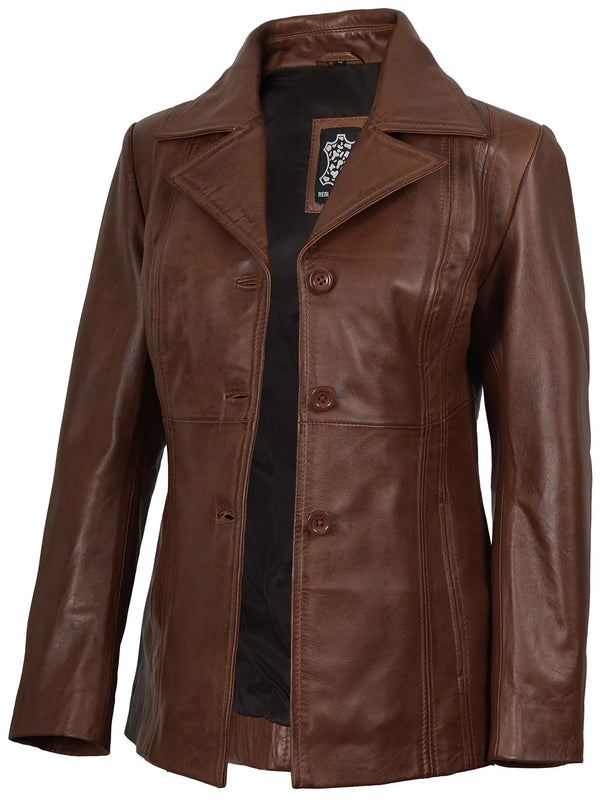 Womens Three Button Cognac Brown Leather Blazer