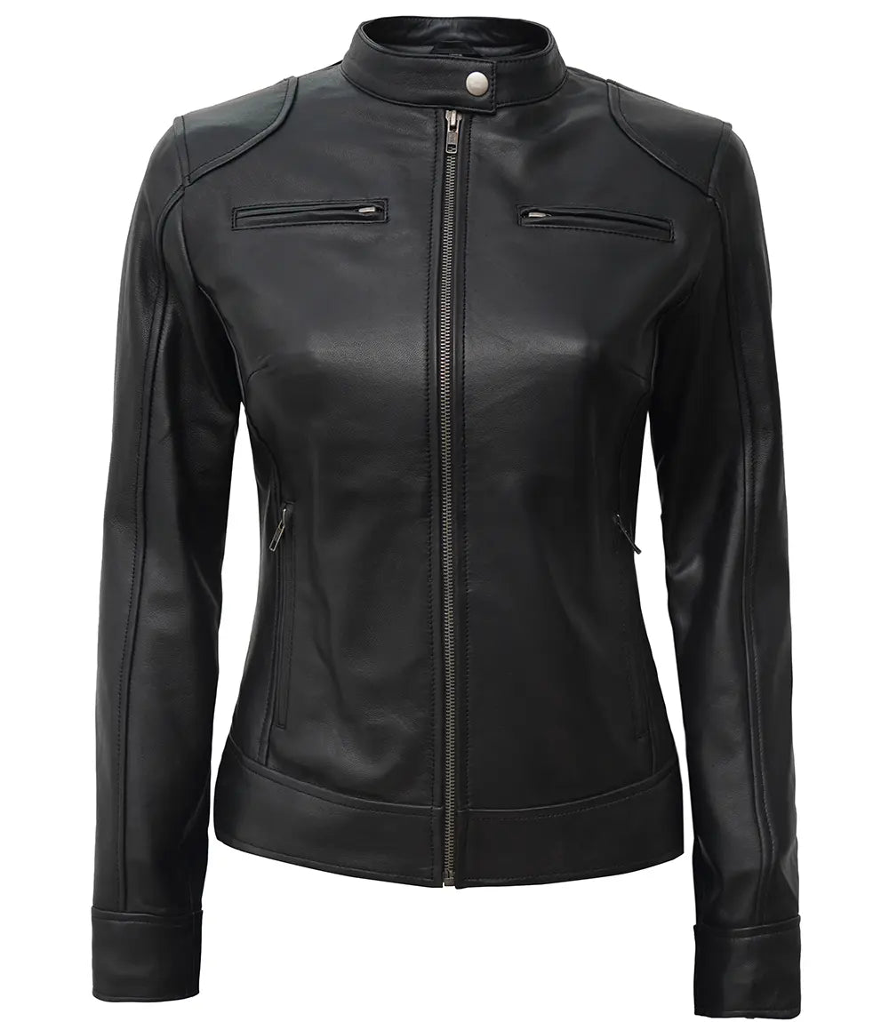 Womens cafe racer black real leather jacket