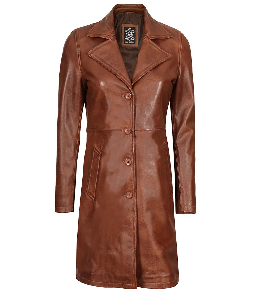 Womens cognac leather car coat