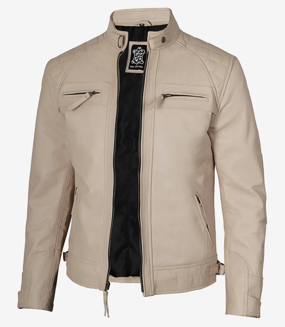 Men's Beige Cafe Racer Leather Jacket