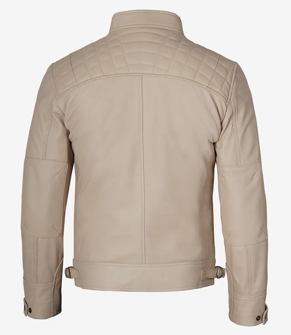 Men's Beige Cafe Racer Leather Jacket