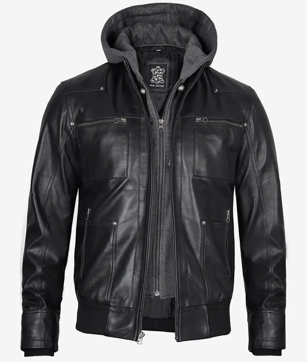 black leather bomber jacket with hood mens