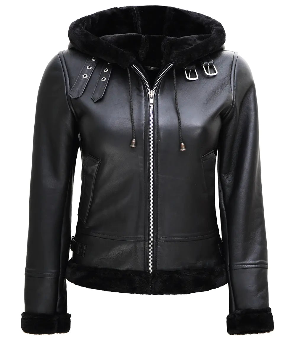 black leather shearling jacket women