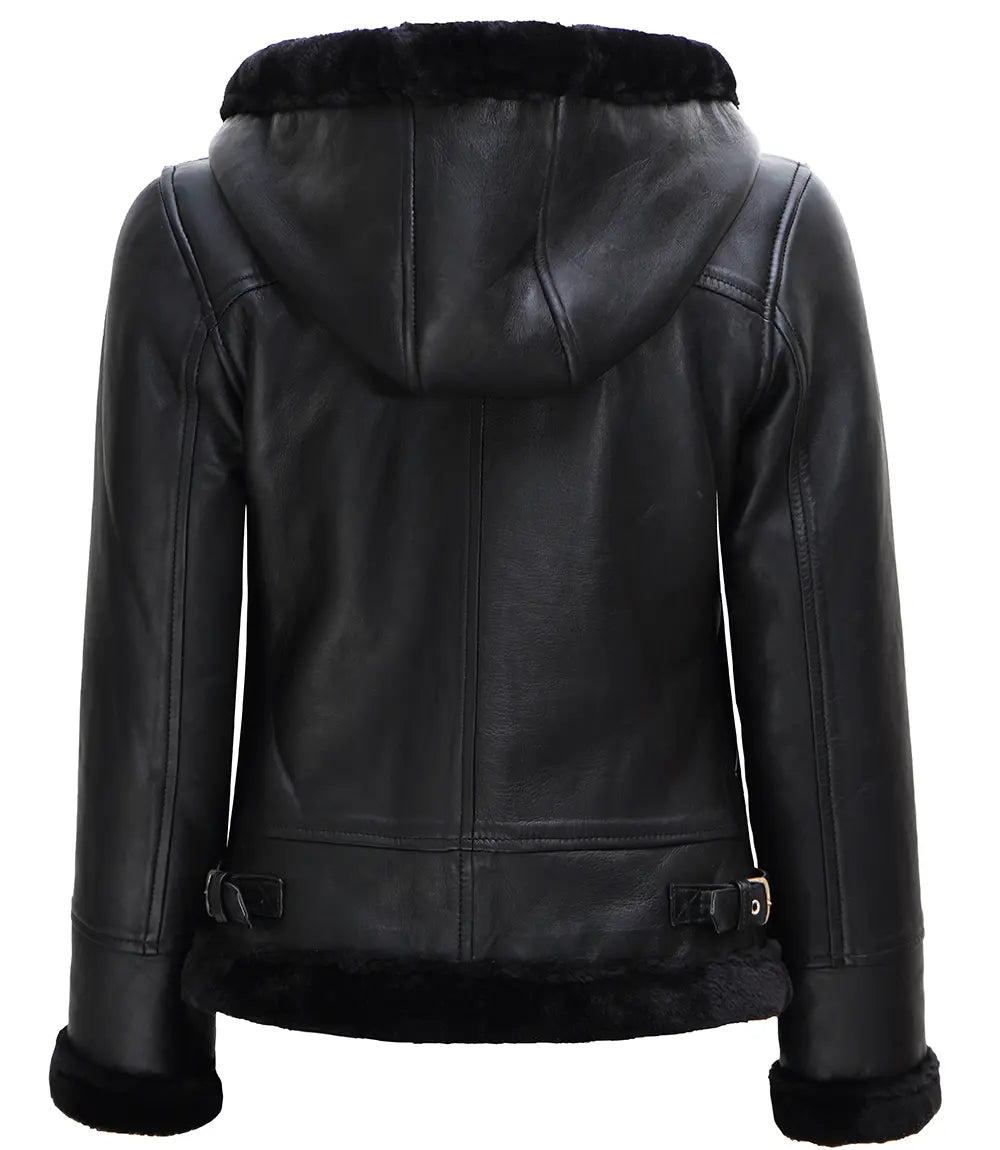 black shearling leather jacket for women