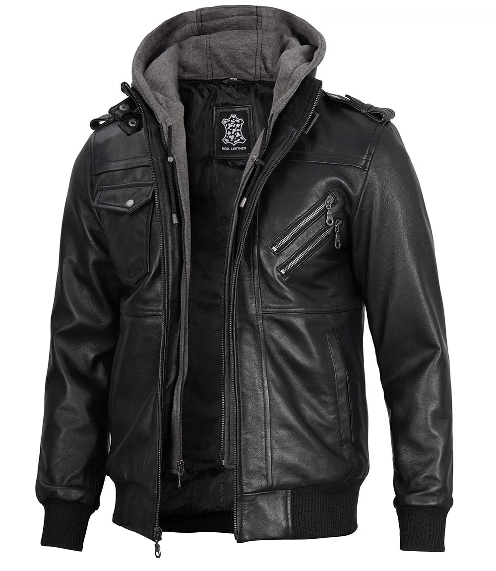 bomber black leather hooded jacket