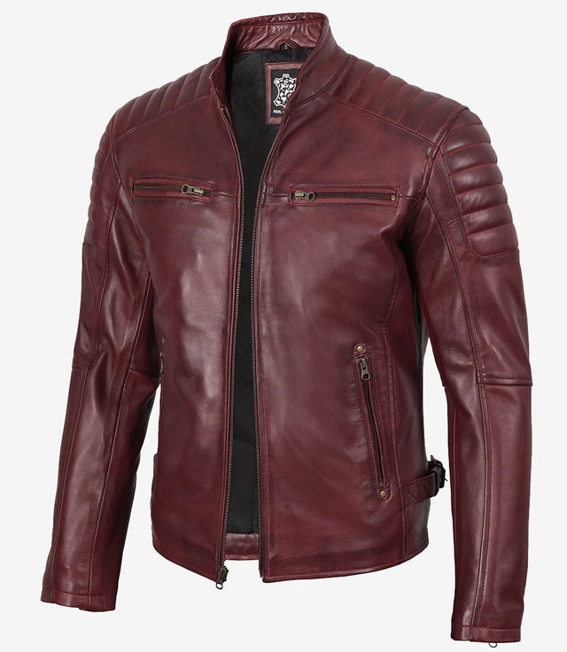 Men's burgundy quilted lambskin cafe racer jacket