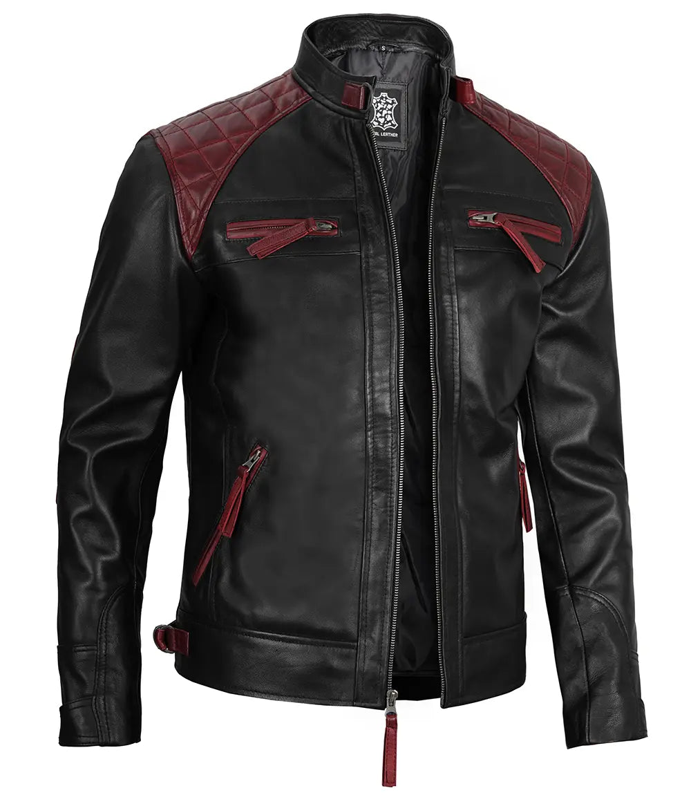 cafe racer red and black mens leather jacket