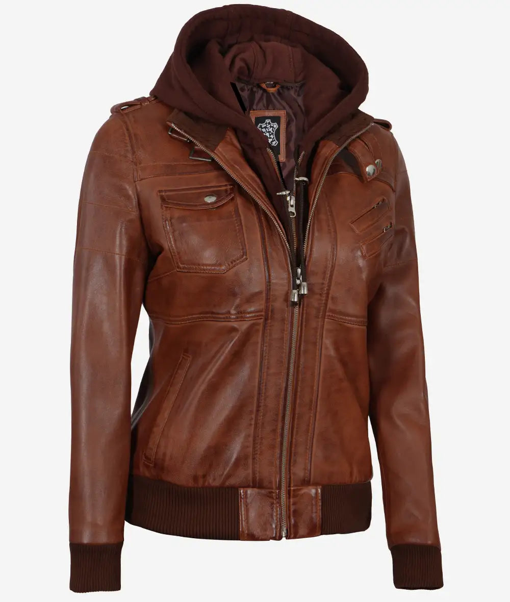 Women hooded leather bomber jacket