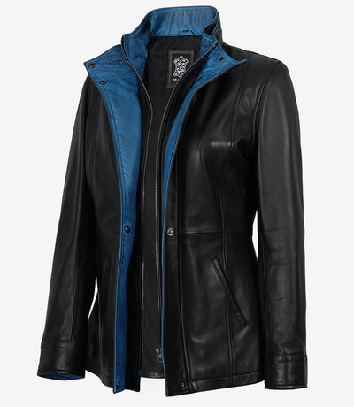 Erin Women's Black Leather Jacket with Blue Inner Lapel