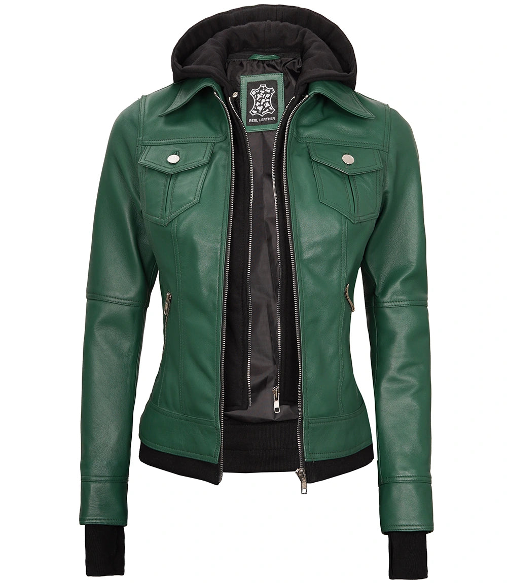 green hooded leather jacket for women