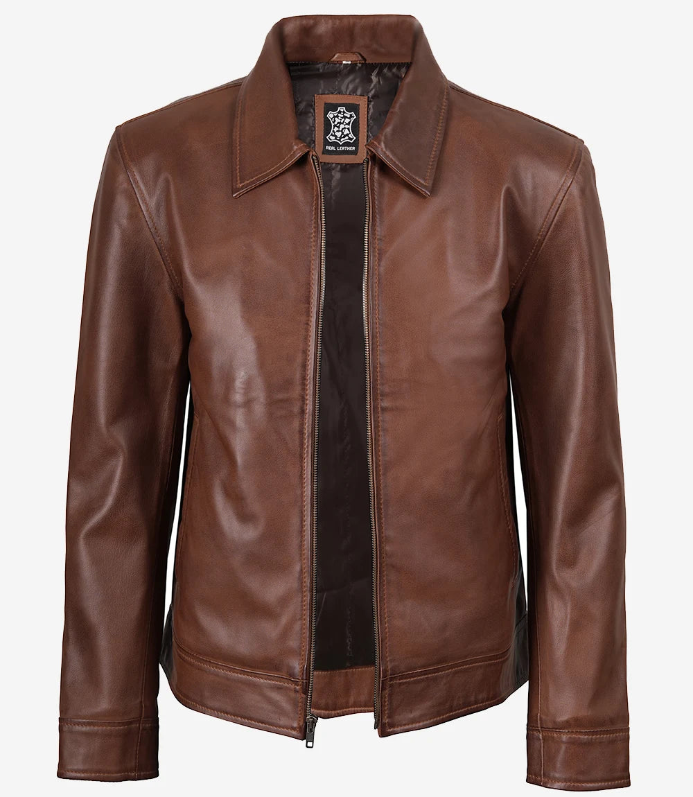 Mens Classic Harrington Cognac Brown Real Leather Jacket - Front