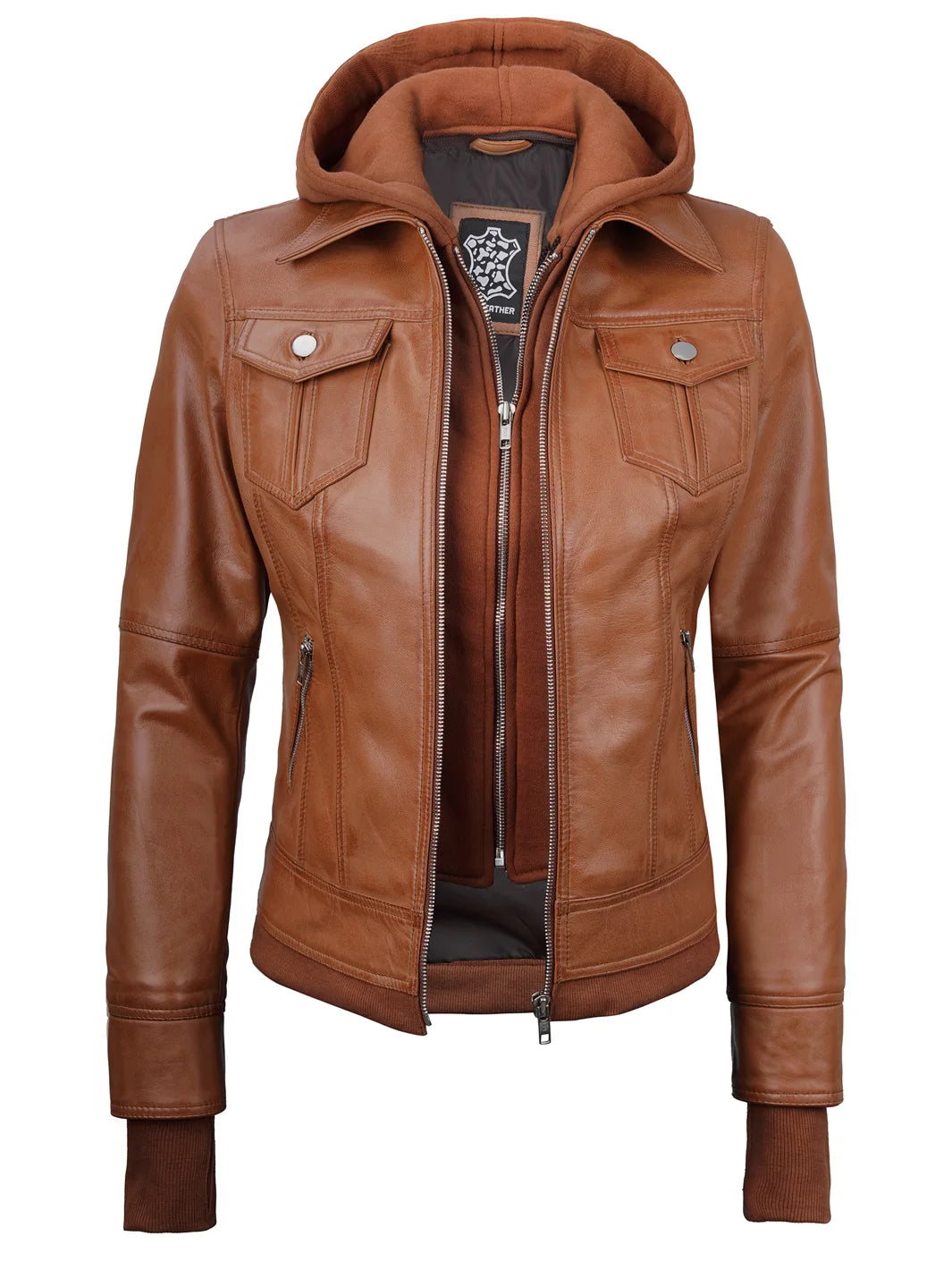 womens leather jacket brown hooded