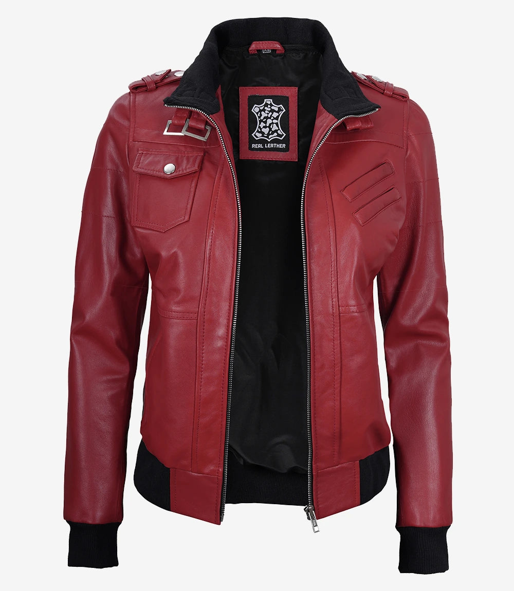 Women's Red Lambskin Jacket with Removable Hood – Decrum