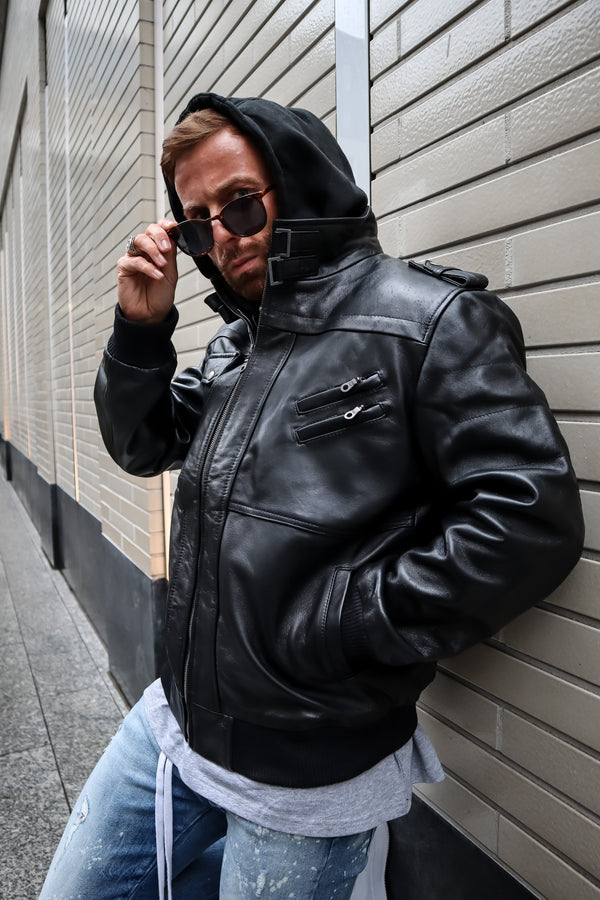 Edinburgh Mens Black Bomber Leather Jacket With Removable Hood