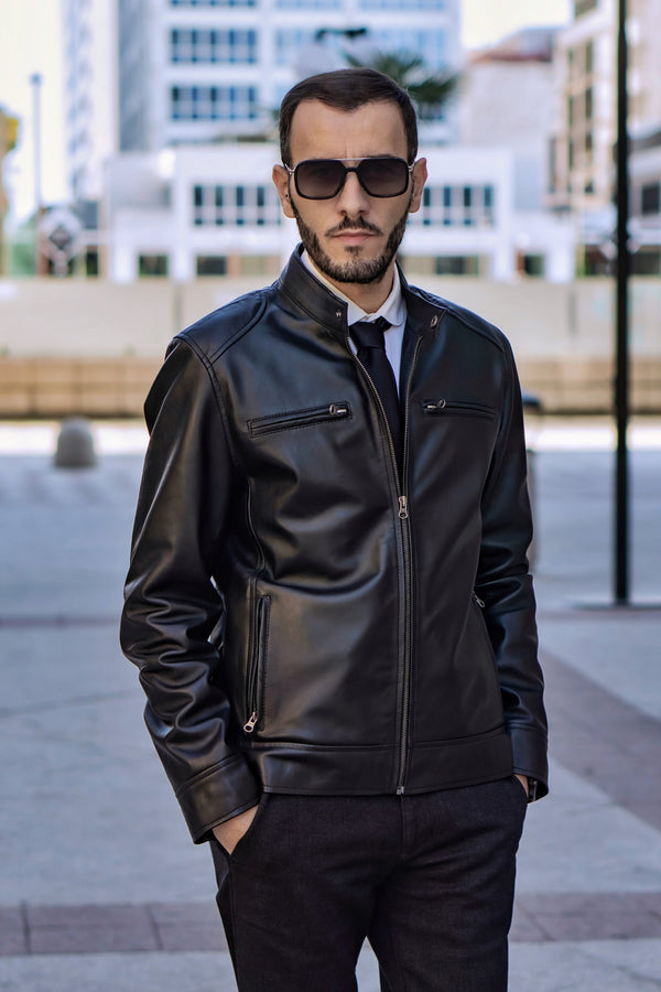 Dodge Men's Black Cafe Racer Leather Jacket