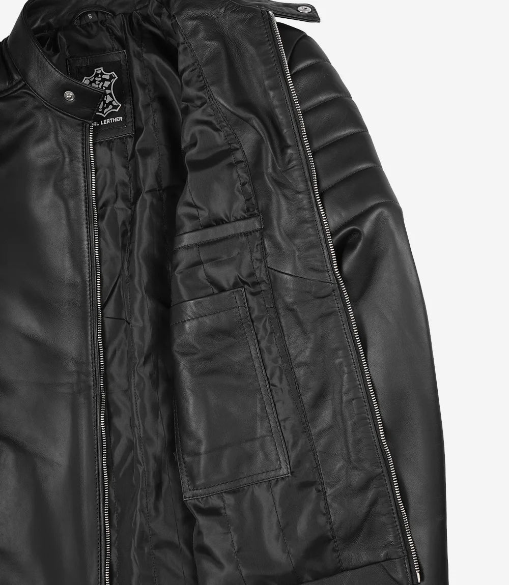 Black leather jacket with zippers and a brand logo on a white background