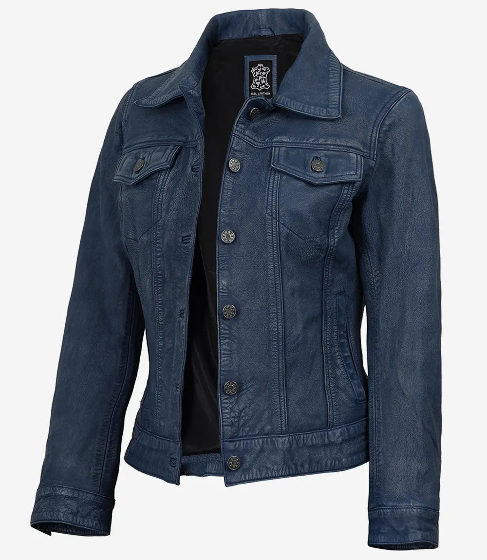 Women's Denim-Style Blue Washed Trucker Leather Jacket - Front
