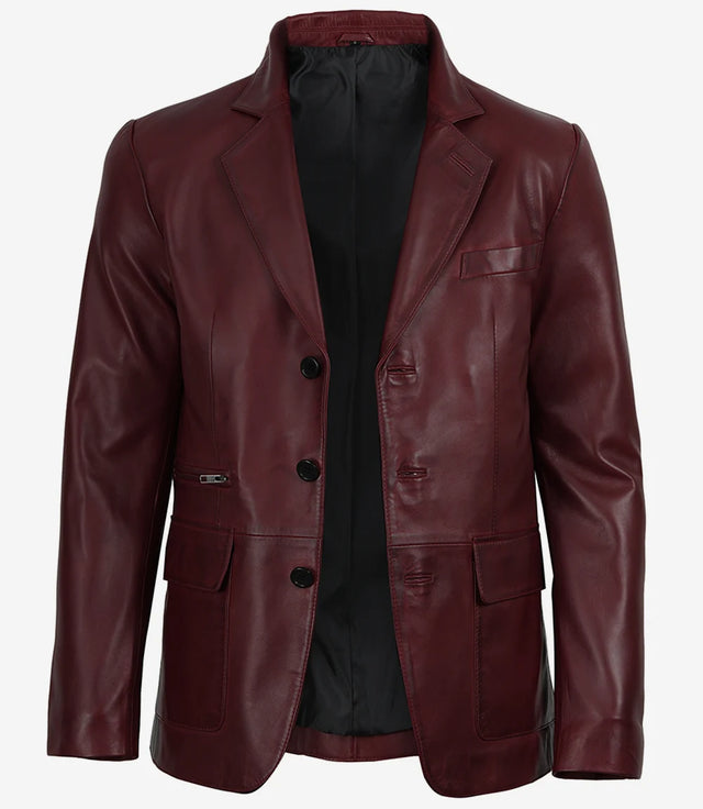Men's burgundy three-button lambskin leather blazer