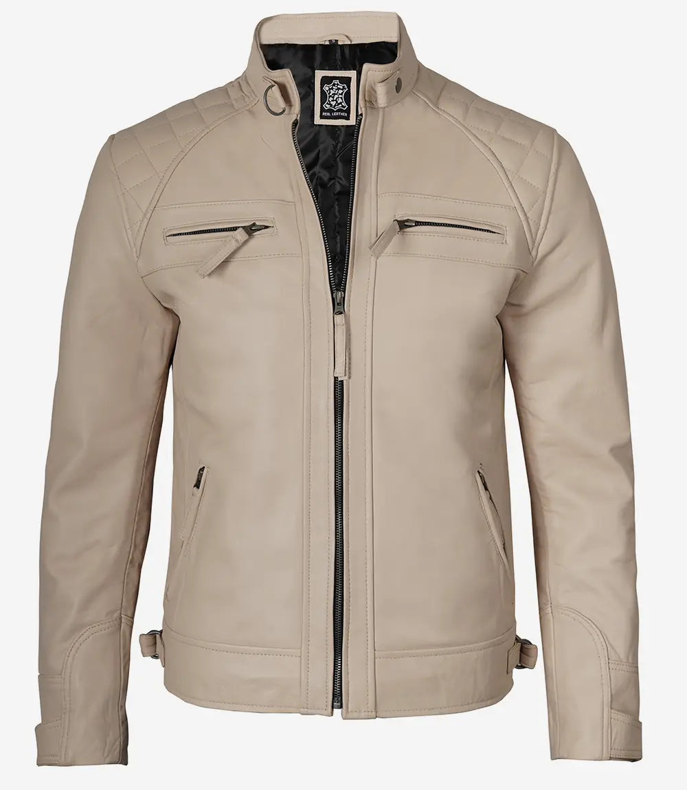 Men's Beige Cafe Racer Leather Jacket