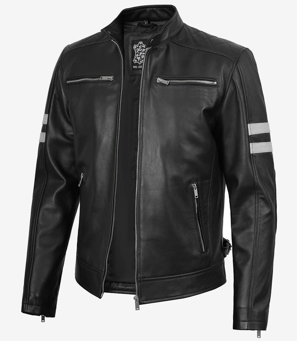 Men's Black Lambskin Cafe Racer Jacket with White Stripes - Front