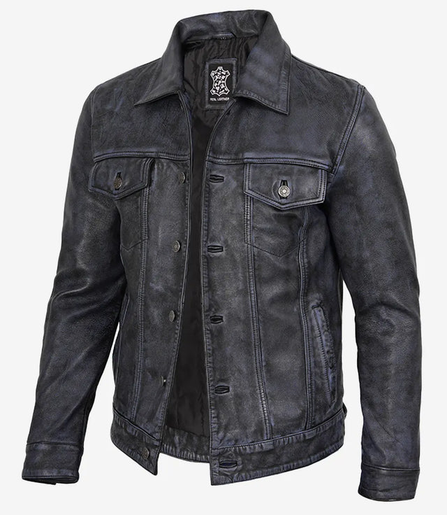 Men's black distressed real leather trucker jacket