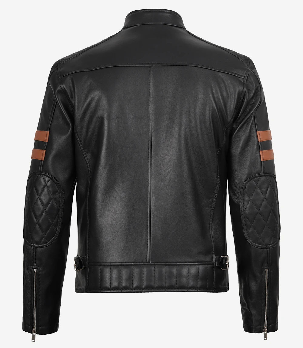 Black leather jacket with quilted arm designs on a white background