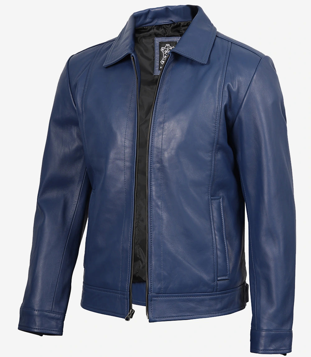Men's Blue Real Leather Harrington Jacket - Front