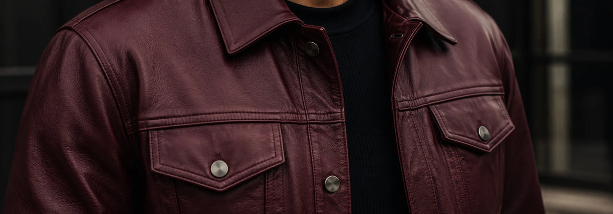 Burgundy real leather jacket on a dark background