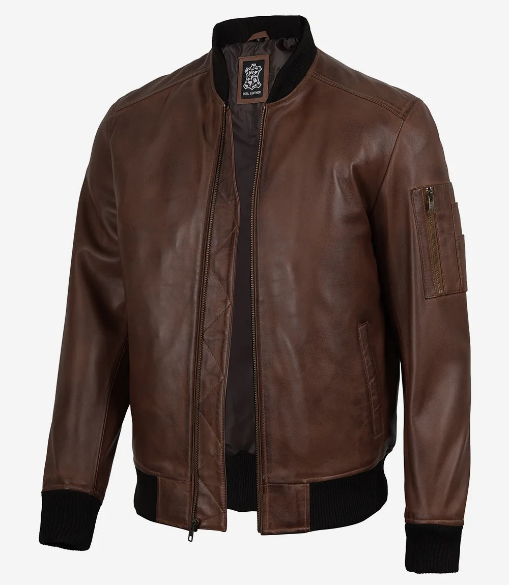 Men's Cognac Brown Lambskin Leather Bomber Jacket with Wax Finish - Front