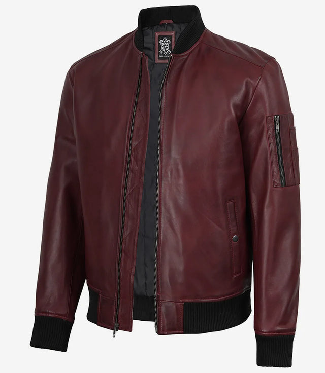 Men's burgundy wax finish lambskin bomber jacket