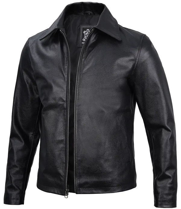 Harrington Men's Black Shirt Collar Cowhide Leather Jacket