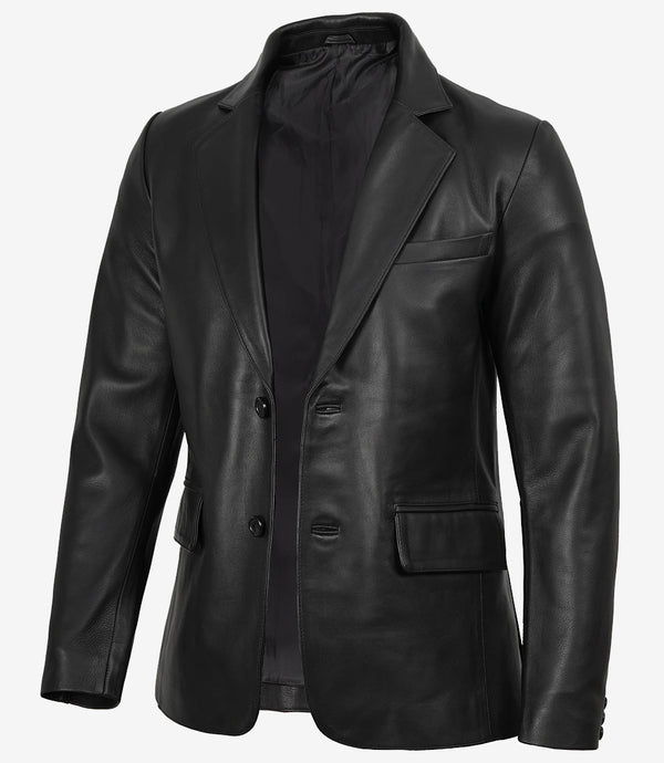 Tall Men's Black Real Leather Blazer Jacket