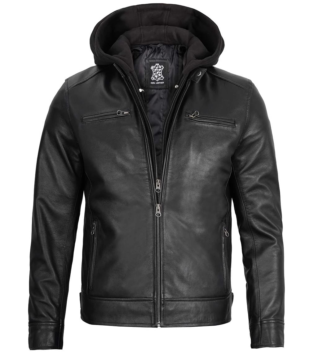 mens leather jacket with hoodie