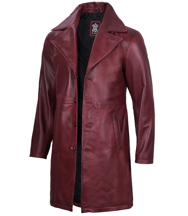 Men's burgundy lambskin leather car coat