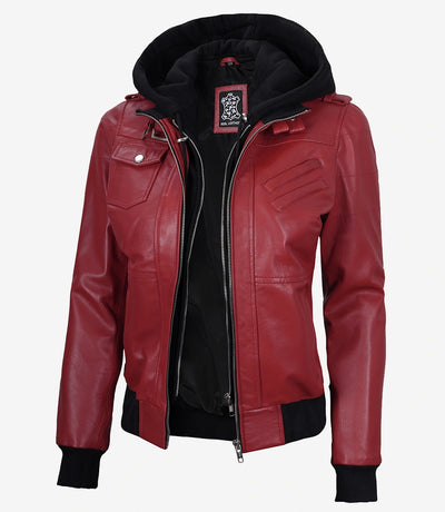 Women's red leather bomber jacket with removable hood