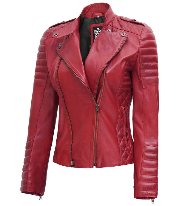 red womens leather jacket