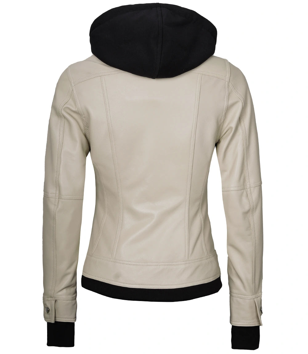 women beige leather hooded jacket