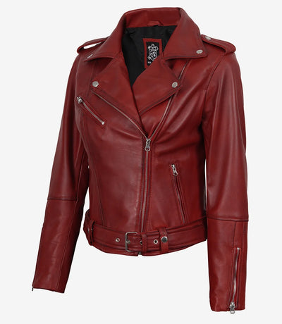 Margaret Women's Red Asymmetrical Biker Style Leather  Jacket